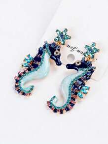1pair Fashionable Rhinestone Decorated Oil Drop Sea Horse Earrings For Women, Daily Wear - Blue - View 2