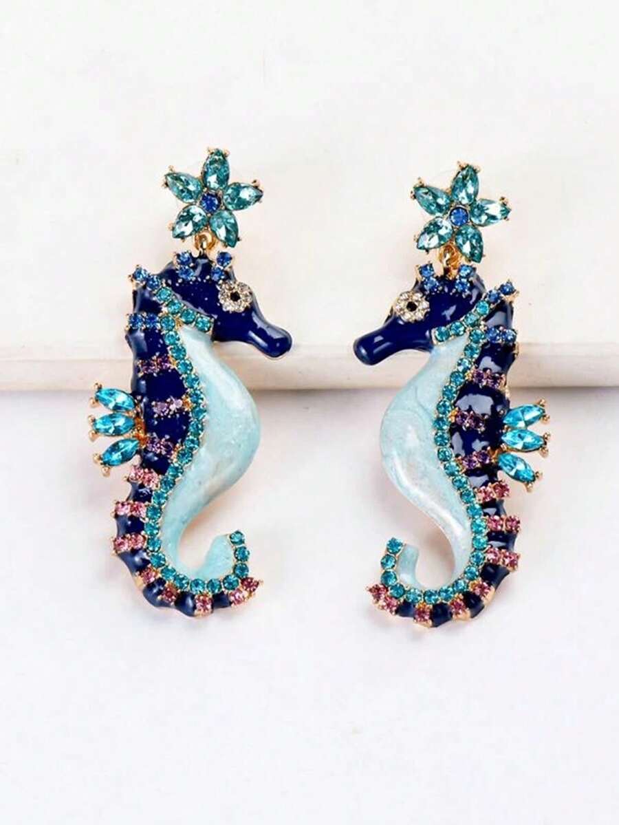 1pair Fashionable Rhinestone Decorated Oil Drop Sea Horse Earrings For Women, Daily Wear - Blue - View 1