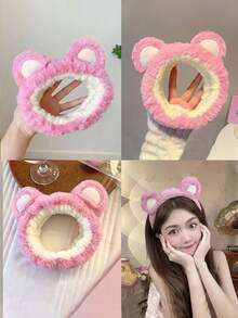 1入超可愛的熊頭箍,化妝用的頭箍,適用於化妝清潔、水療、瑜珈、運動、淋浴,可調節的彈性頭箍,適用於女孩和女士 - 粉色 - 查看 1