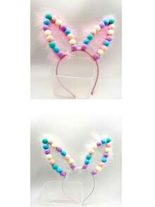 1pc New White Feather & Multicolor Pom Pom & Rabbit Ears Shaped Hairband For Decoration - White - View 1