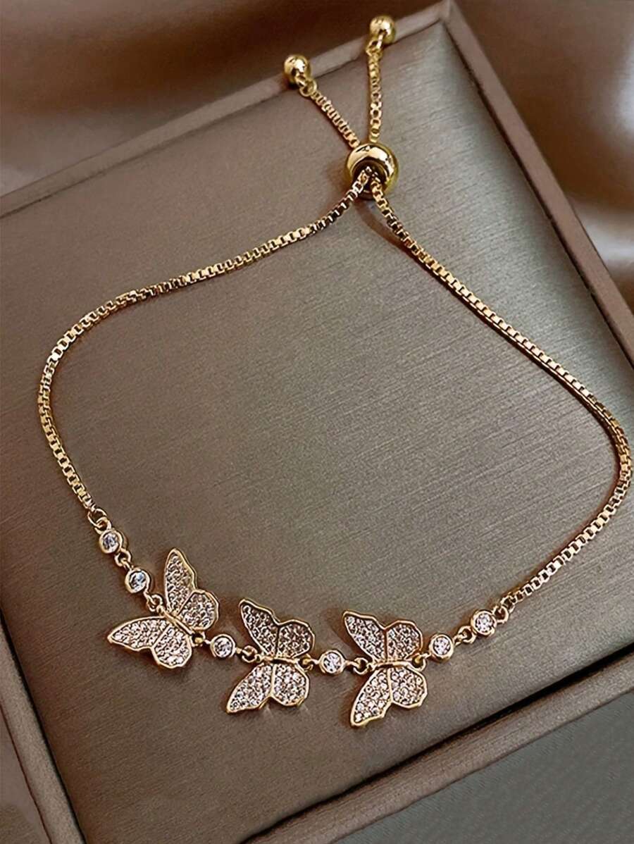 1條蝴蝶鍊鏈手鍊,鑲嵌閃閃發亮的水晶石,可調節鏈接手鍊,優雅的首飾禮物 - 金色 - 查看 1