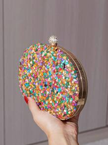 Vincy Glitter Handbag Evening Bag With Colored Stones & Rhinestones Decor, Egg-Shaped Clutch Purse, Shoulder/Crossbody/Chain/Clutch Bag For Women , Perfect For Party, Wedding, Prom, Dinner/Banquet, Matching With Wedding Dress, Formal Dresses, Prom Dress, Birthday Dress