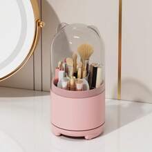 1pc Rotating Makeup Brush Holder For Cosmetic Storage With Dustproof Box - Pink - View 1