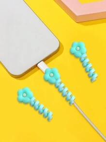 3 入組藍色花紋矽膠充電線保護套,適用於蘋果/安卓設備,多色線捲器 - 藍色 - 查看 3