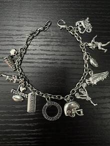 2024項鍊手鐲足球不銹鋼手鐲,銀色足球頭盔＆橄欖綠＆我愛足球吊墜,是男友節日完美禮物 - charm bracelet - 查看 1