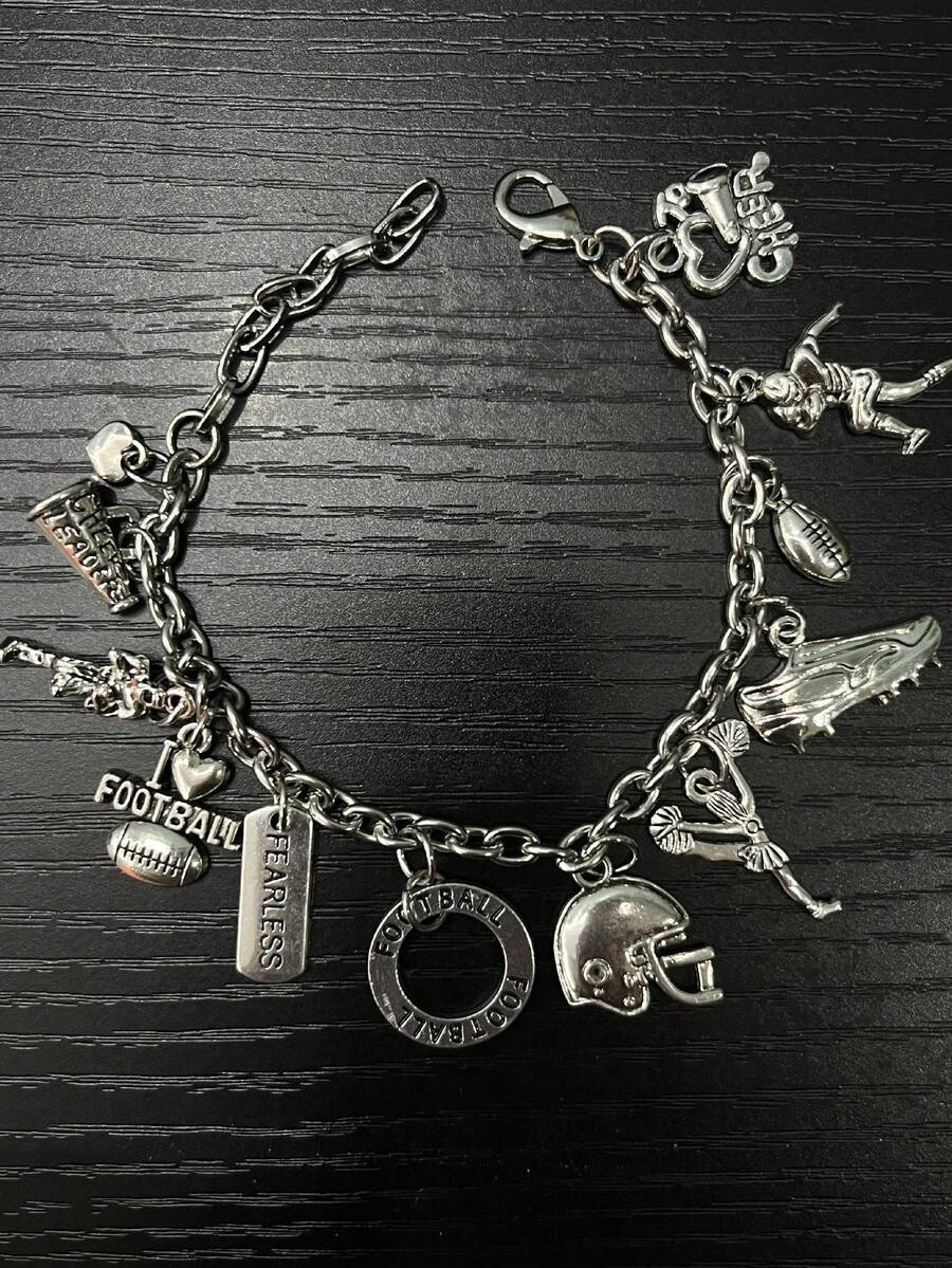 2024項鍊手鐲足球不銹鋼手鐲,銀色足球頭盔＆橄欖綠＆我愛足球吊墜,是男友節日完美禮物 - charm bracelet - 查看 1