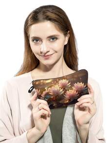 蓮花圖案印花化妝包便攜式女士旅行收納袋,粉紅色花朵印花,風時尚女士化妝包 - 綠色 - 查看 3