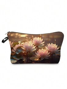 蓮花圖案印花化妝包便攜式女士旅行收納袋,粉紅色花朵印花,風時尚女士化妝包 - 綠色 - 查看 1