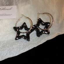 1對925銀針星星和空心圓設計耳環,鑲鑽石,適合女士日常佩戴,個性獨特,是節日禮物的理想選擇 - 黑色 - 查看 4