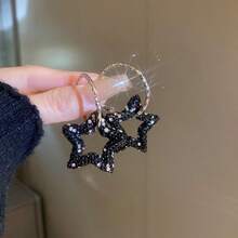 1對925銀針星星和空心圓設計耳環,鑲鑽石,適合女士日常佩戴,個性獨特,是節日禮物的理想選擇 - 黑色 - 查看 8