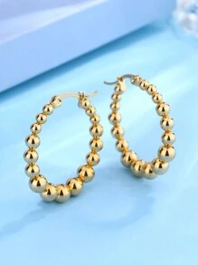 1pair 18k Stainless Steel Ball Bead Hoop Earrings - Gold - View 3