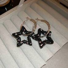 1對925銀針星星和空心圓設計耳環,鑲鑽石,適合女士日常佩戴,個性獨特,是節日禮物的理想選擇 - 黑色 - 查看 2