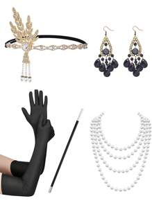 7入組鄉村音樂節1920s頭飾羽毛頭帶,手套,長珍珠項鍊,煙嘴,長耳環飾品套裝,派對裝扮套裝,復古服裝配飾套裝,母親節禮物 - 金色 - 查看 9