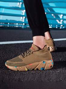 Men's Lightweight Shock-Absorbing Breathable Sports Shoes, Elastic Knitted Running Shoes, Slip-On Casual Sneakers - Khaki - View 5