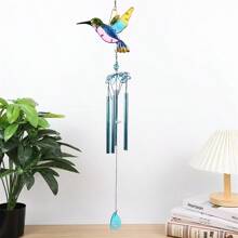 1pc Hummingbird Design Metal & Glass Paint-Wind Chime For Home & Garden Decor - Blue Hummingbird - View 1