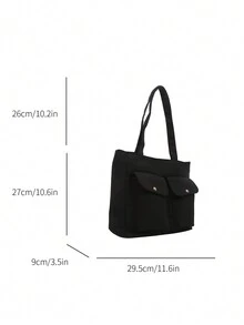 Canvas Tote Bag, Shoulder Bag, Casual Large Capacity Multi-Pocket Cloth Bag, Work Handbag - Black - View 3