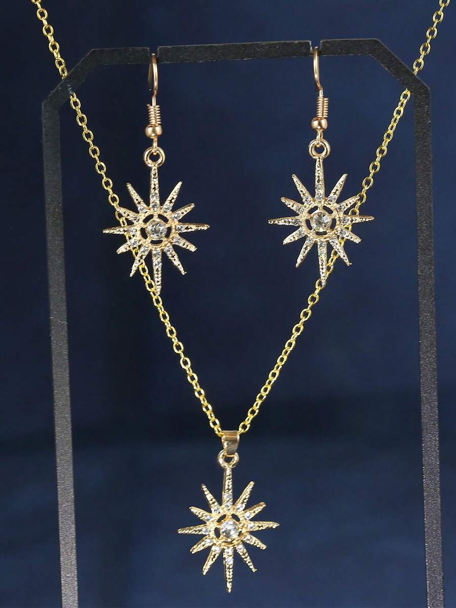 1套流行女性簡約多用途鑲有鑽石的星形耳環和項鍊套裝 - 金黃色 - 查看 1