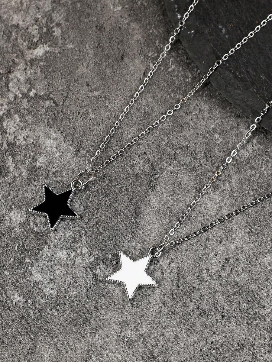 2pcs/Set Minimalist Fashionable Black & White Couple Star Pendant Necklace - Black and White - View 1