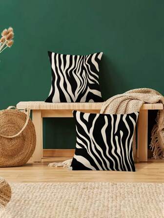 2pcs/Set Modern Style Black And White Zebra Pattern Linen Decorative Pillow Cover, 45cm*45cm/17.72in*17.72in Square, Single Side Printed, Soft And Comfortable, Suitable For Daily Home Decoration (Pillow Core Not Included)