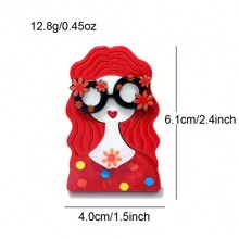 1 Pieza Broche Acrílico Con Forma De Niña De Pelo Rizado De Dibujos Animados - Rojo - Ver 2