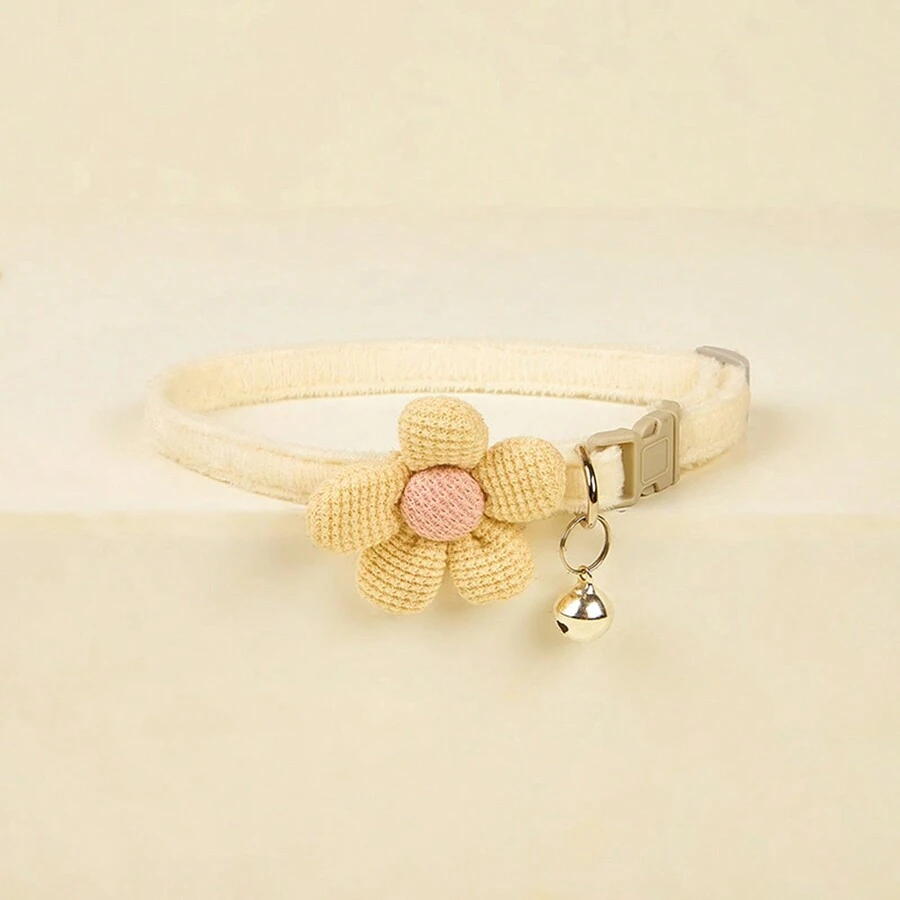 1pc Cute Flower Adjustable Cat Collar With Bell For Leash, Pet Accessory For Small Dogs And Cats - White - View 1
