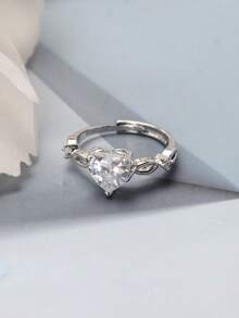 1pc Women's Silver Copper Alloy Opal & Decorated Heart Shaped Open Ring. Suitable For Daily & Wedding Wear. - Silver - View 2