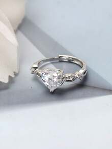 1pc Women's Silver Copper Alloy Opal & Decorated Heart Shaped Open Ring. Suitable For Daily & Wedding Wear. - Silver - View 4