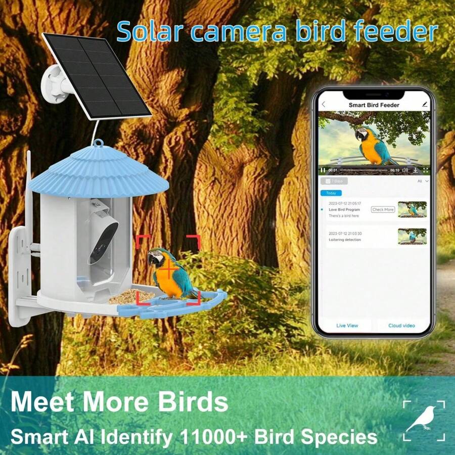1入藍白色太陽能鳥食攝影機,低耗能,智能鳥食器,1080p高清攝像頭,自動捕捉鳥類視頻並發送語音通知,ai鳥類識別,wifi無線室外安全攝像頭