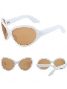 1 件盾牌风格超大 Y2k 时尚眼镜，未来派椭圆形镜框时尚眼镜 - 棕色 - 查看 3