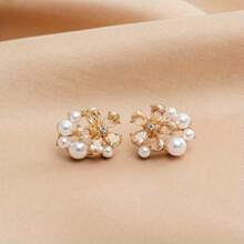 1 对时尚流行水钻和人造珍珠花耳钉情人节、妈妈、母亲、母亲节、礼物 - 金黃色 - 查看 6