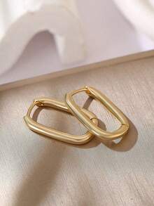 1pair Copper Geometric Design Glossy Rectangle Hoop Earrings, Vintage Style, Perfect For Date Gift - Yellow Gold - View 5