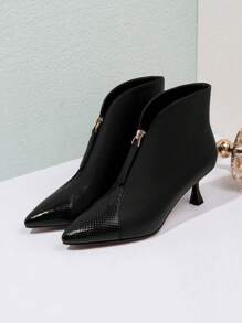 欧美简约豹纹亮片面料尖头踝靴，靴子，尖头细跟前拉链纯色高跟鞋，适合春秋季 - 黑色 - 查看 4