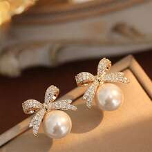 4Pcs Elegant Bow Dangle Earrings With Shiny Rhinestones And Faux Pearls - Sexy, Delicate Style - Perfect Female Gift - White - View 10