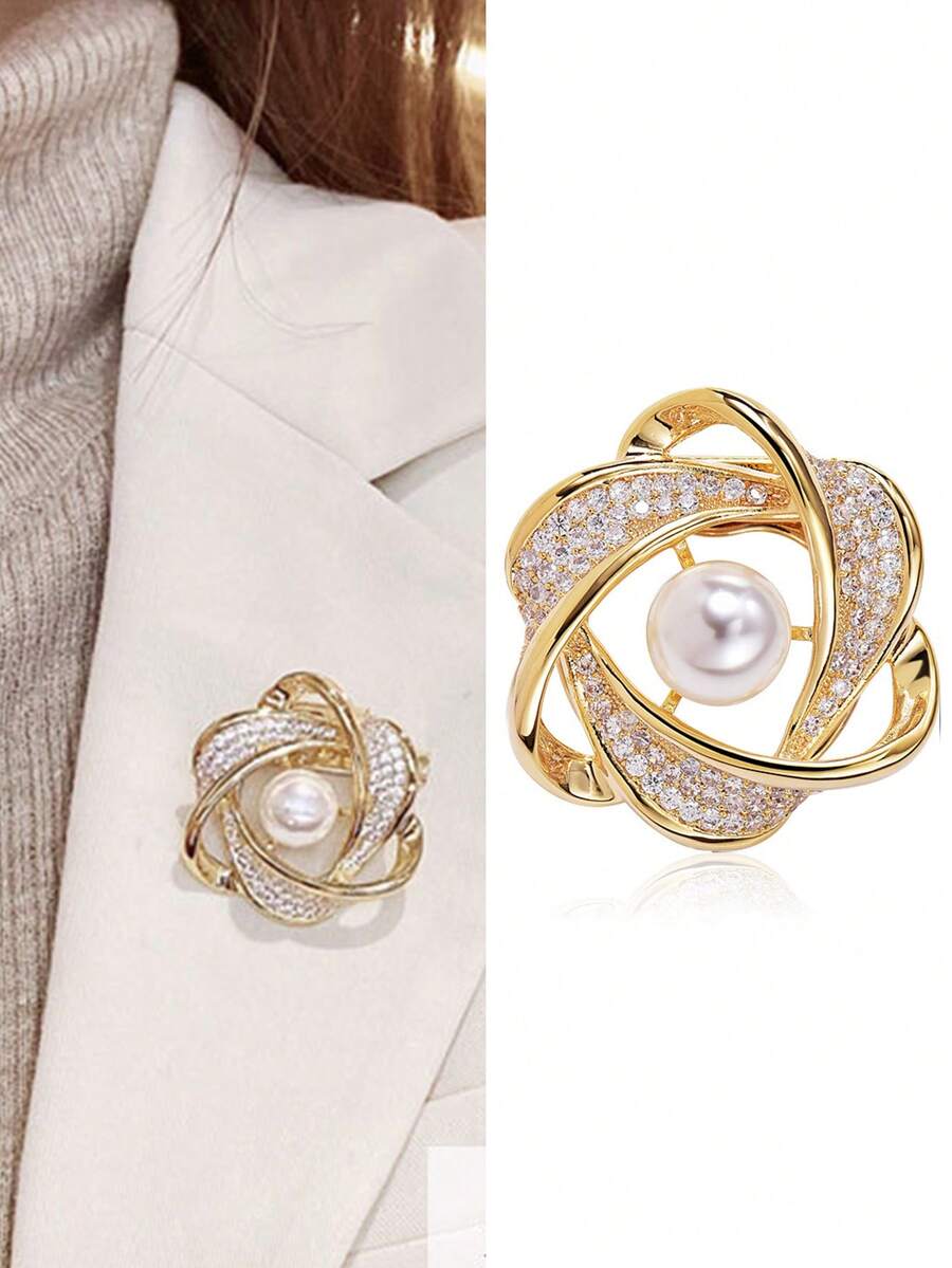 Floral Brooch & Scarf Buckle, Dual-Use Fashionable High-End Brooch Pin Accessory For Clothing Decoration - Gold - View 1