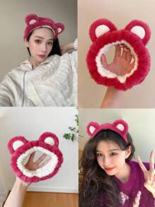 1pc Cute Bear Headband Hairband For Makeup, Skincare, Yoga, Sports, Shower; Adjustable Elastic Hair Tie, Suitable For Girls And Women - Burgundy - View 1