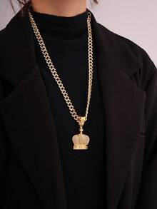 1pc Hip-Hop Style Rhinestone Inlaid King Crown Pendant Necklace, Stainless Steel Vintage Crown Style Jewelry - Multicolor - View 8