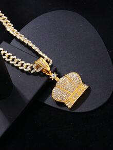 1pc Hip-Hop Style Rhinestone Inlaid King Crown Pendant Necklace, Stainless Steel Vintage Crown Style Jewelry - Multicolor - View 3