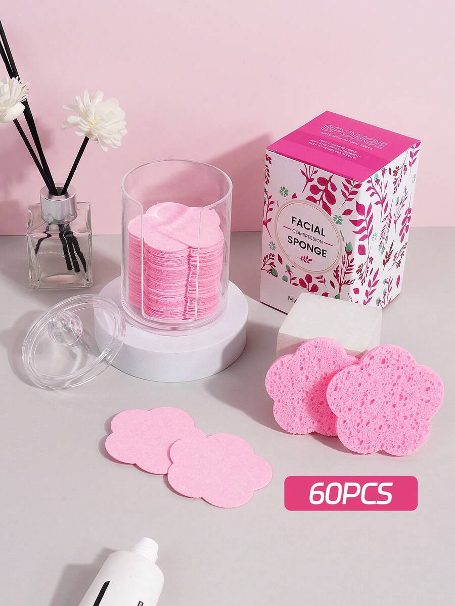 MAANGE 60pcs Hình bông hoa Nén Mặt Rửa Bột Puff Với Trong suốt Hộp trữ , Mềm mại Và Thân thiện với da Khuôn mặt , Dụng cụ Trang điểm Dễ Mang Cho du lịch