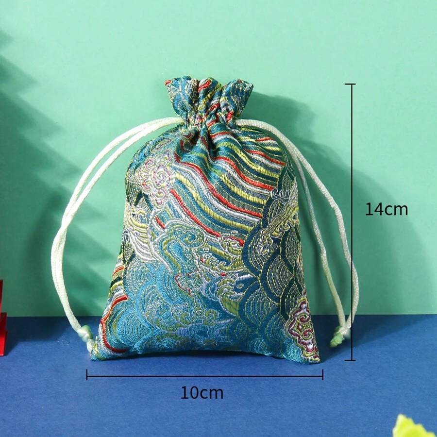 Green Wave Pattern Drawstring Jewelry Pouch, Walnut Bag, Wrap Bag For Prayer Beads - Green - View 1