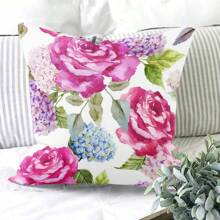 1pc Floral Printed Cushion Cover, Simple Plant Peony Personalized Abstract Throw Pillow Case For Sofa, Couch - Pink - View 5
