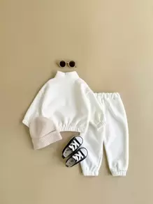 新生男婴字母印花拉链连帽衫和裤子套装，保暖内衬两件套冬季服装 - 白色 - 查看 3