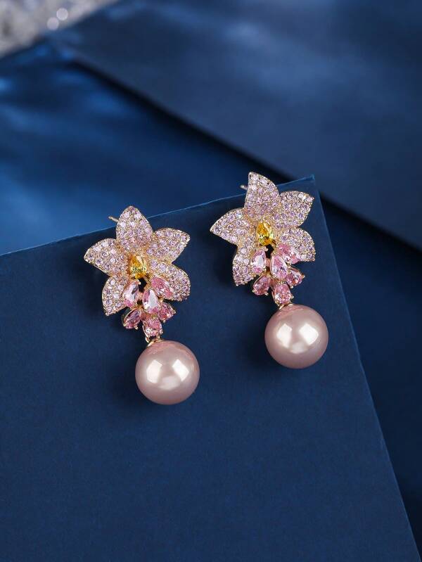 1pair Floral Design Cubic Zirconia & Faux Pearl Dangle Earrings For Women, Matching Fashion Evening Dress, Ideal For Festival Birthday Gift