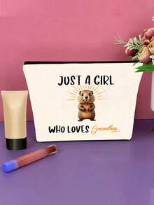 1入組土撥鼠圖案化妝袋,便攜式旅行化妝包,禮物 - 米色 - 查看 3