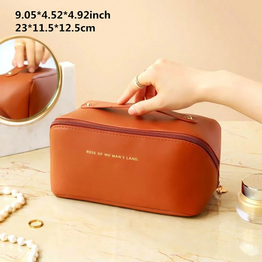 防水旅行化妝包、隔板設計、提手 - 大容量女性化妝品盥洗包 - 多功能pu皮革材質收納袋 - 棕色 - 查看 1