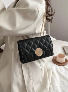 2024年新款女式時尚多用途小肩背包,休閒刺繡菱形紋理配鏈條 - 黑色 - 查看 4