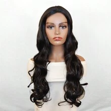 跨境寬鬆波浪中間長捲髮女式耐熱纖維假髮,66 厘米/26 英寸,黑色 - 黑色 - 查看 2