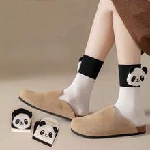 2 双白色可爱 3D 熊猫绒球中筒女士袜子柔软舒适醒目百搭个性休闲袜 - 白色 - 查看 1