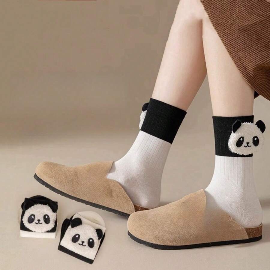 2 双白色可爱 3D 熊猫绒球中筒女士袜子柔软舒适醒目百搭个性休闲袜 - 白色 - 查看 1
