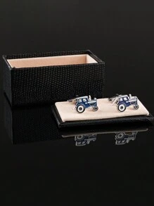 男士法式袖扣藍色拖拉機搪瓷金屬袖扣新品上市 - 藍色 - 查看 3