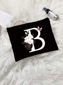 1pc English Letter Print Travel Cosmetic Bag, Canvas Foldable Toiletry Bag Zipper Makeup Pouch Organizer For Men & Women - Black - View 3